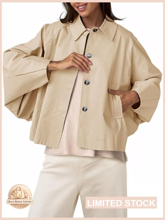 Jackets & Blazers - Cropped Trench Coat Lightweight Batwing Sleeve Oversized Chic Casual Outerwear